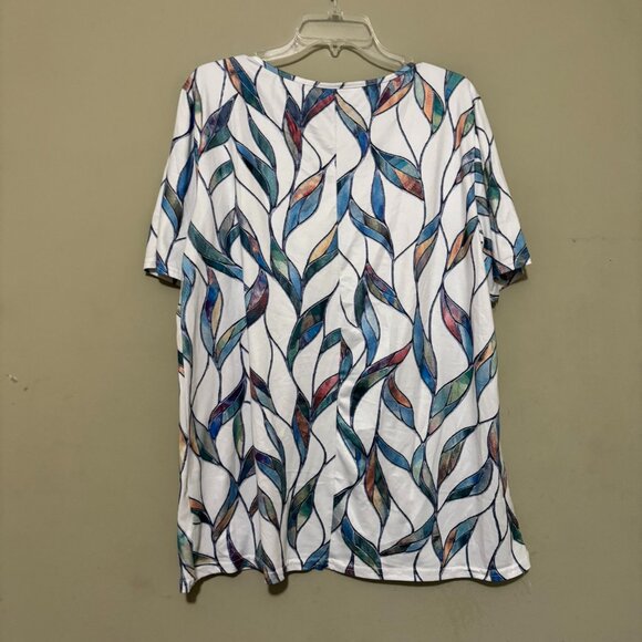 Plus Size 1X Leaf Print Short Sleeve Blouse White Multi-Color - Picture 2 of 4